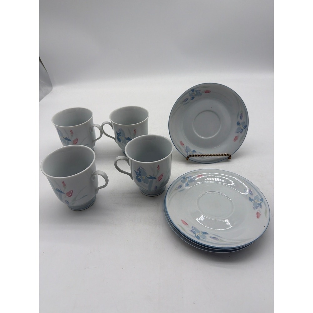 FRESH FLOWERS BY EXCEL IRIS PATTERN FOOTED CUP AND SAUCER SET of‎ 4